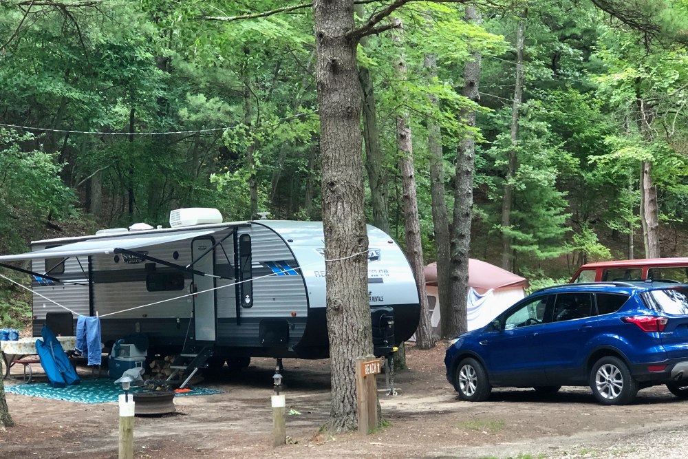 travel trailer on a wooded campsite