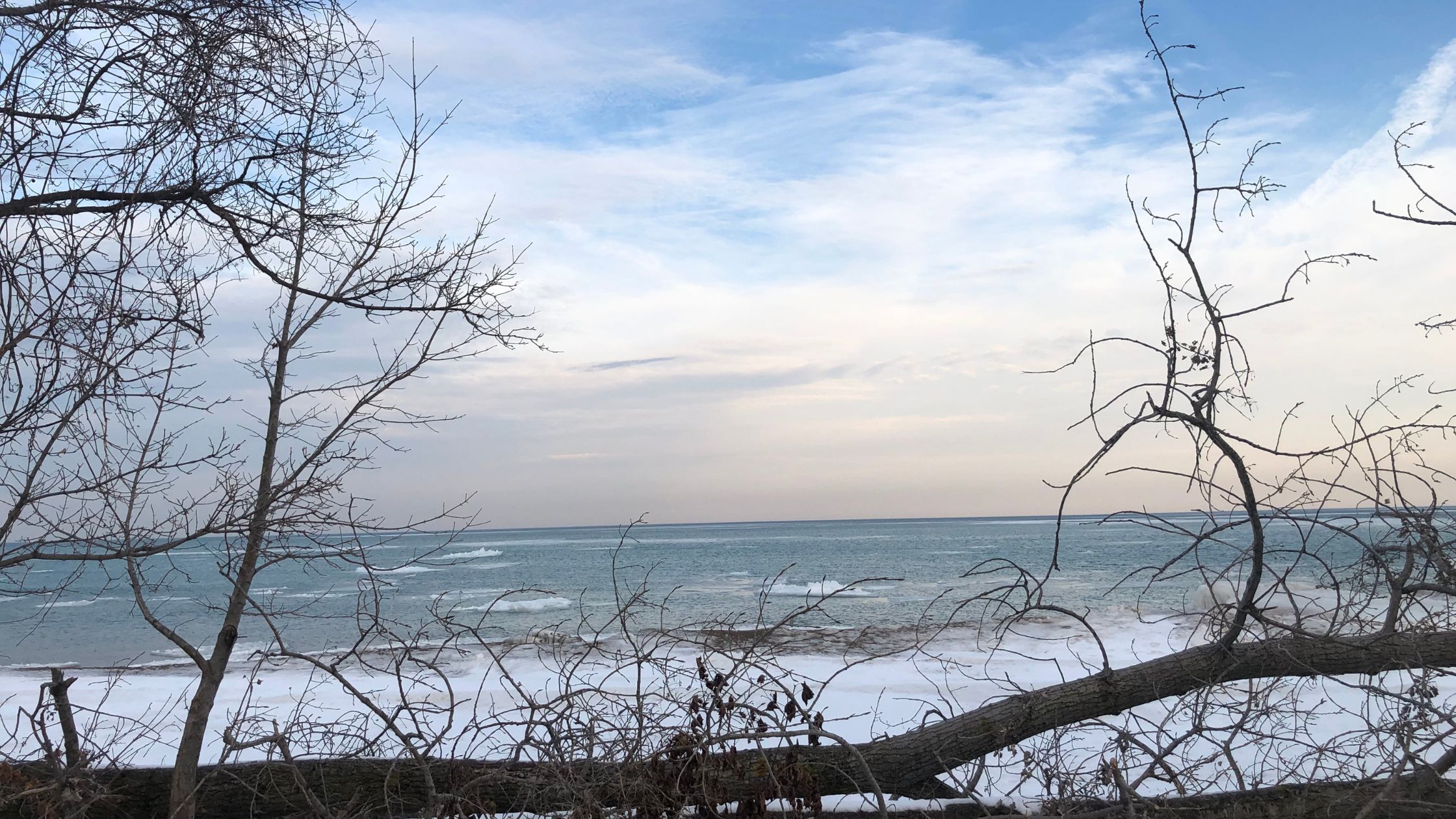 snowy shores of lake huron in winter
